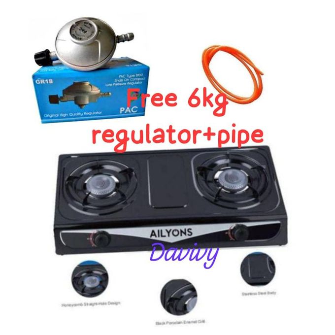 Ailyons Table Top Stainless Steel, Auto Ignation 2 Burner Gas Cooker, PLUS FREE 6kg Regulator And Pipe