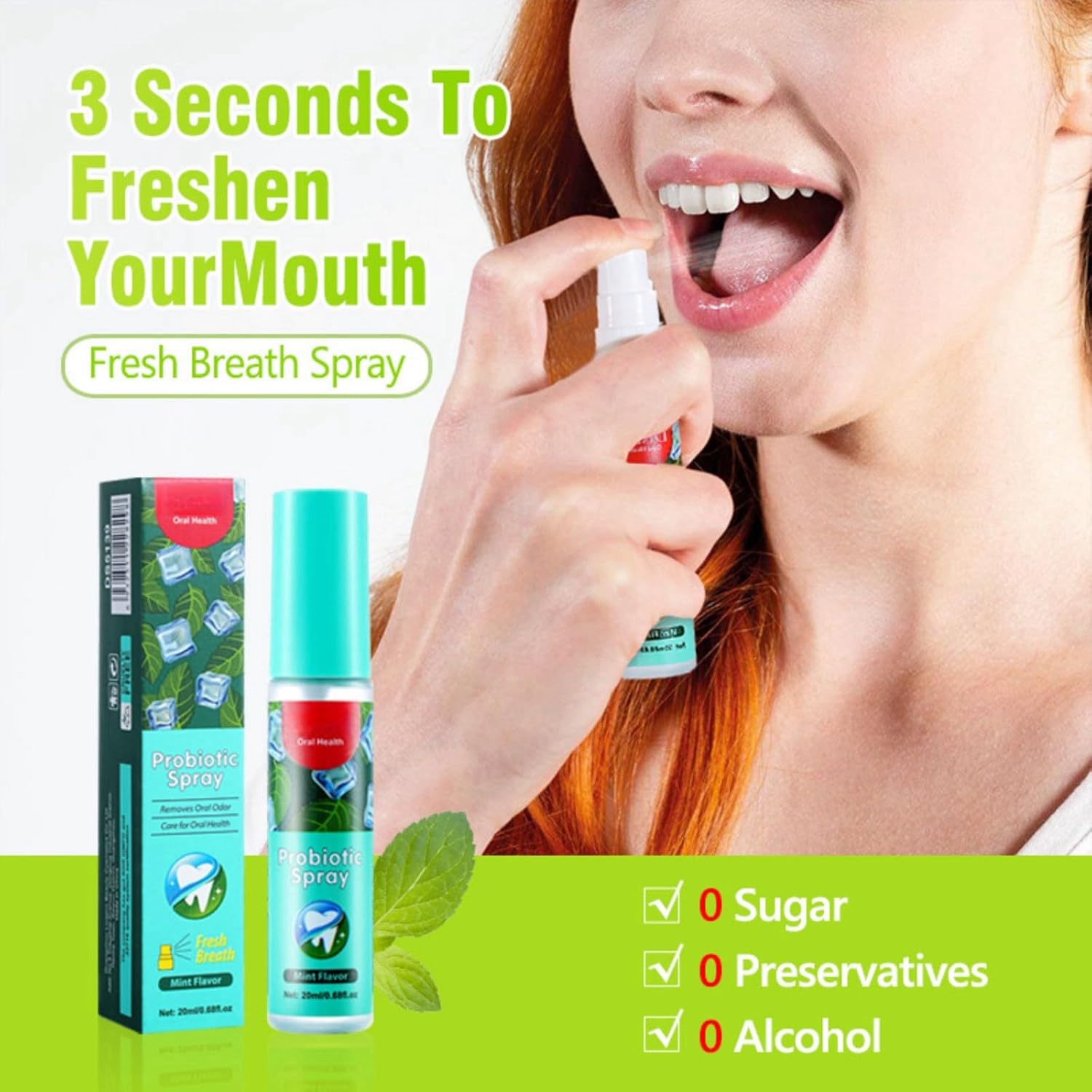 Mouth Spray Mint-Flavored 20ml Minty Fresh Breath, Removes Oral Odor, Prevents Periodontal Diseases, Inhibits Harmful Bacteria, Refreshing and Hygienic, No Alcohol or Harsh Chemicals