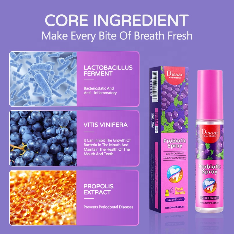 Probiotic Spray Fresh Breath Grape Flavor Mouth Spray Remove Oral Odor Bad Breath Portable Freshener