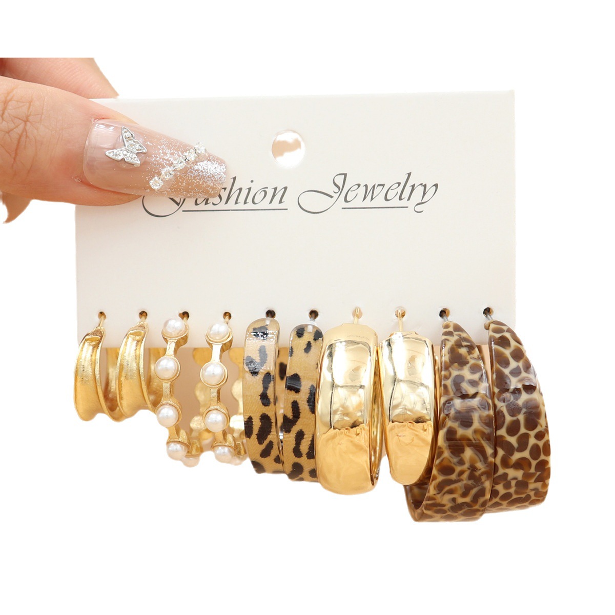 5 Pairs/Set Leopard Print Resin Hoop Earrings Set  Gold Pearl Earrings Set Vintage Fashion Jewelry for Women