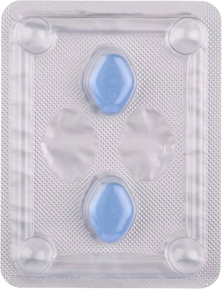 A strip of 2 Sildenafil Citrate Men's Sex Enhancing Tablets BP 100 mg; Sildenafil treats erectile dysfunction by increasing blood flow to the penis during sexual stimulation