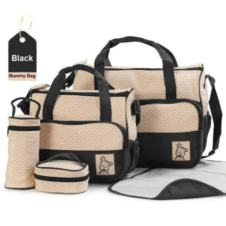 5 in 1 Baby Diaper Bag Set – Large Capacity Organizer with Bottle Holder, Food Bag, Nappy Pad & More | Durable, Stylish & Multi-Functional (Microfiber PVC)