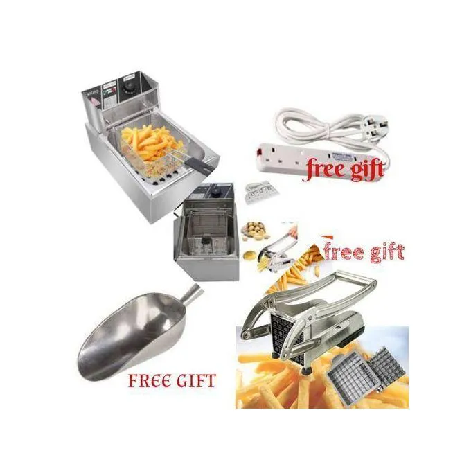 Electric Deep Fryer Combo – Deep Frying Machine with Chips Cutter, Power Socket Extension & Chips Scooper, Fast Heating Oil Fryer for Chips, Chicken, Samosas & Snacks (Home & Commercial Use)