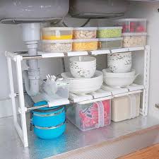 Under Sink Shelves Expandable Storage Stainless Steel & Plastic Adjustable 2-Tier Kitchen Organizer Rack, Space Saving Sink Shelf for Bathroom, Kitchen Cabinet Storage and Cleaning Supplies Organizati
