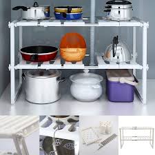 Under Sink Shelves Expandable Storage Stainless Steel & Plastic Adjustable 2-Tier Kitchen Organizer Rack, Space Saving Sink Shelf for Bathroom, Kitchen Cabinet Storage and Cleaning Supplies Organizati