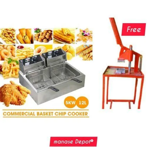 12L Double Deep Fryer + Commercial Chips Cutter – Ultimate Heavy Duty Frying Combo Set, Fast Heating Dual Tank Electric Fryer with Potato Cutter for Restaurants & Food Businesses