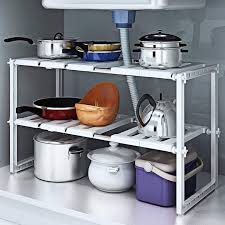 Under Sink Shelves Expandable Storage Stainless Steel & Plastic Adjustable 2-Tier Kitchen Organizer Rack, Space Saving Sink Shelf for Bathroom, Kitchen Cabinet Storage and Cleaning Supplies Organizati
