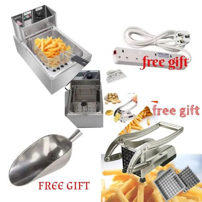 Electric Deep Fryer Combo – Deep Frying Machine with Chips Cutter, Power Socket Extension & Chips Scooper, Fast Heating Oil Fryer for Chips, Chicken, Samosas & Snacks (Home & Commercial Use)
