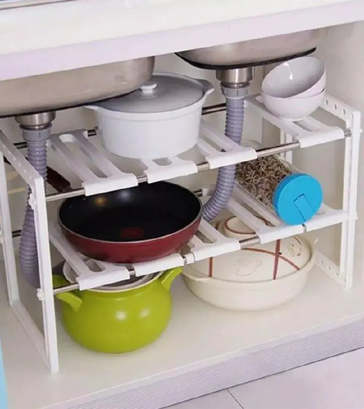 Under Sink Shelves Expandable Storage Stainless Steel & Plastic Adjustable 2-Tier Kitchen Organizer Rack, Space Saving Sink Shelf for Bathroom, Kitchen Cabinet Storage and Cleaning Supplies Organizati