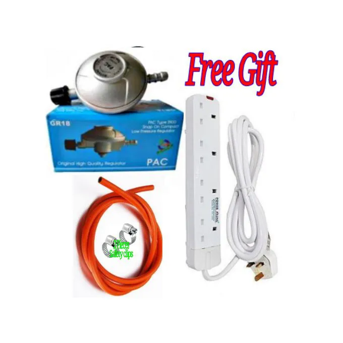PAC Original Universal 6kg Gas Regulator Set – 6kg Cylinder Regulator for 2-Burner Table Top Cookers, Includes Clips, 2M Gas Pipe & Free 4-Way Power Extension Cable