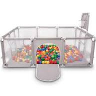 New portable baby play fence/playpen for babies and toddlers, kids safety play yard with mesh walls, a zipper door, a basketball hoop, and a soccer goal