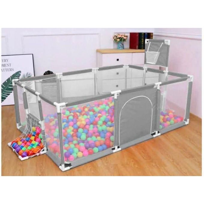 New portable baby play fence/playpen for babies and toddlers, kids safety play yard with mesh walls, a zipper door, a basketball hoop, and a soccer goal