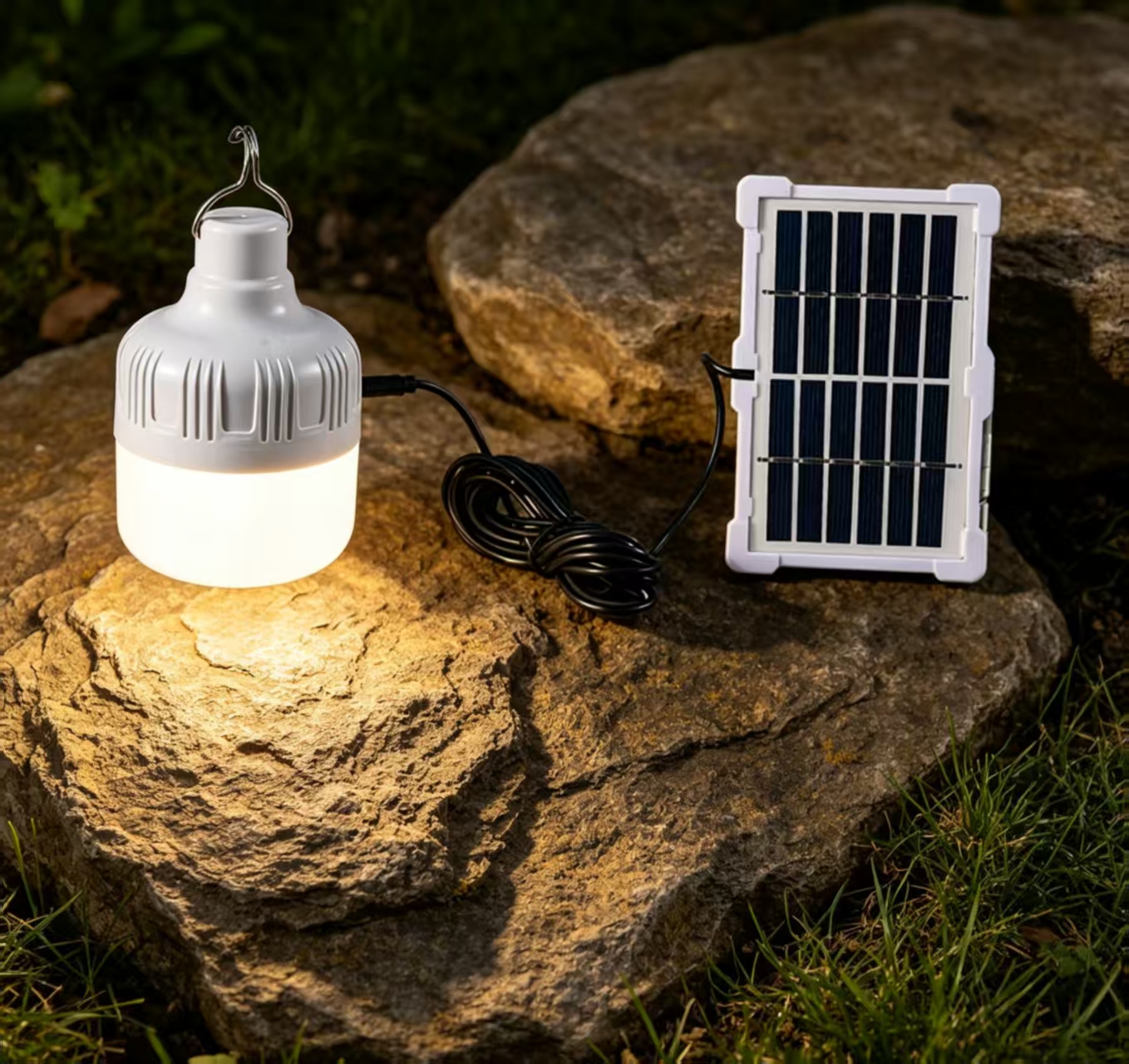 20W SOLAR BULB WITH SOLAR CHARGING PANEL Rechargeable, LED, Indoor/Outdoor, 12 Month Warranty