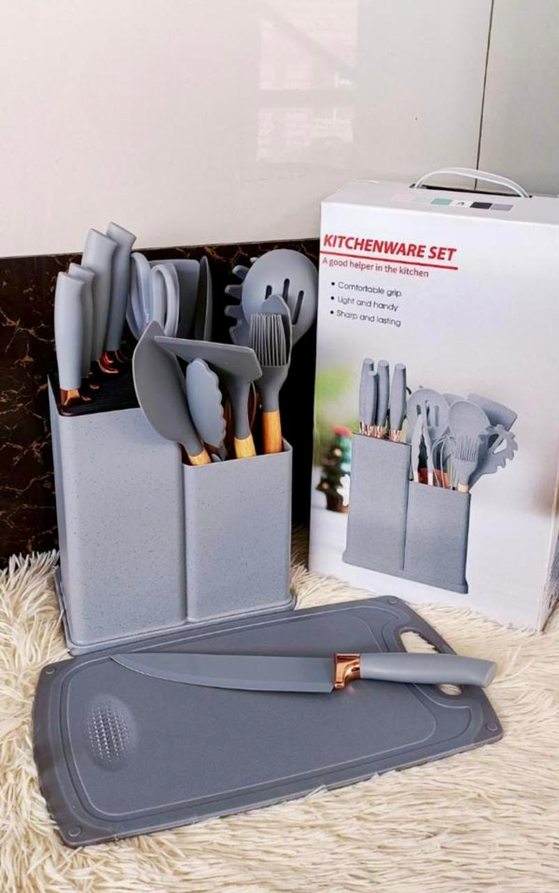 19PC Executive Silicone Kitchen Utensils Set | Non-Stick Cooking Spoons Set | Heat-Resistant Silicone Tools with Wooden Handles | Complete Kitchen Set