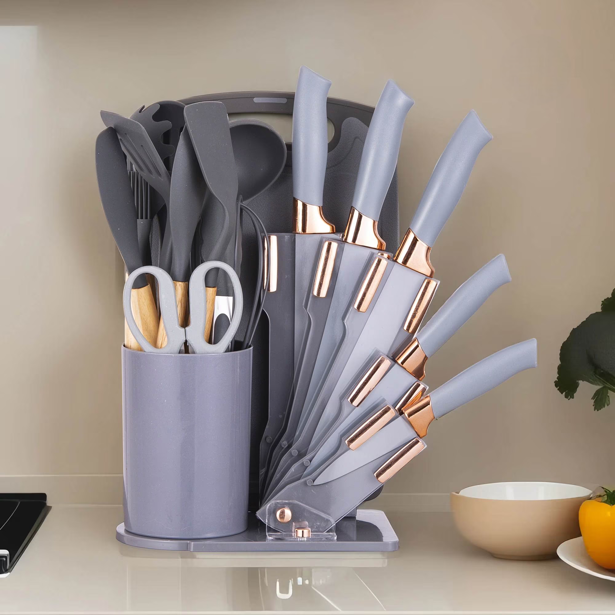 19PC Executive Silicone Kitchen Utensils Set | Non-Stick Cooking Spoons Set | Heat-Resistant Silicone Tools with Wooden Handles | Complete Kitchen Set