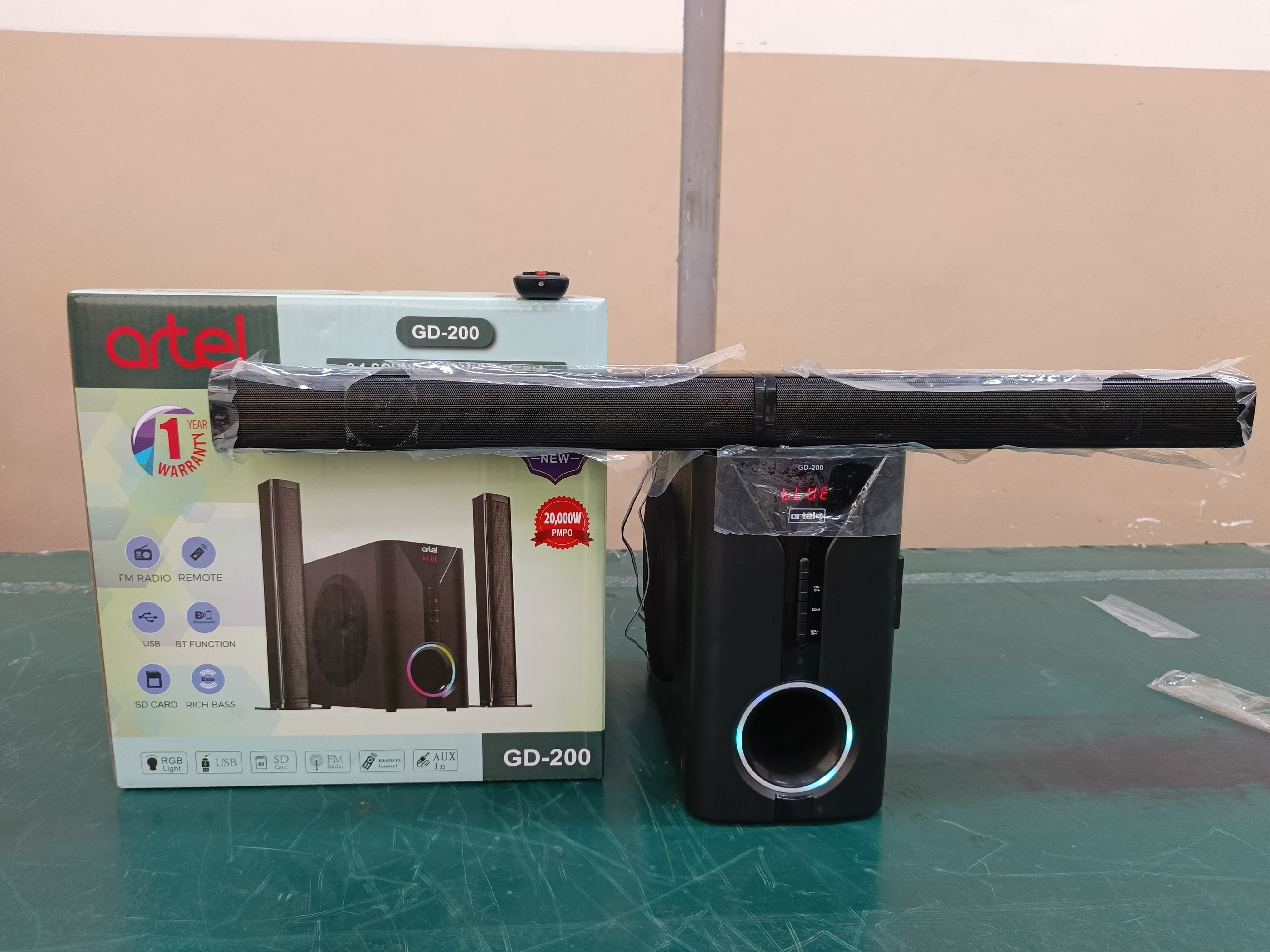 2.1ch artel Sub Woofer System BT/USB/FM Tall Boy(model of v527)sound and deep bass with the Artel V527 2.1 Channel Tall Boy Subwoofer System, perfect for home entertainment.