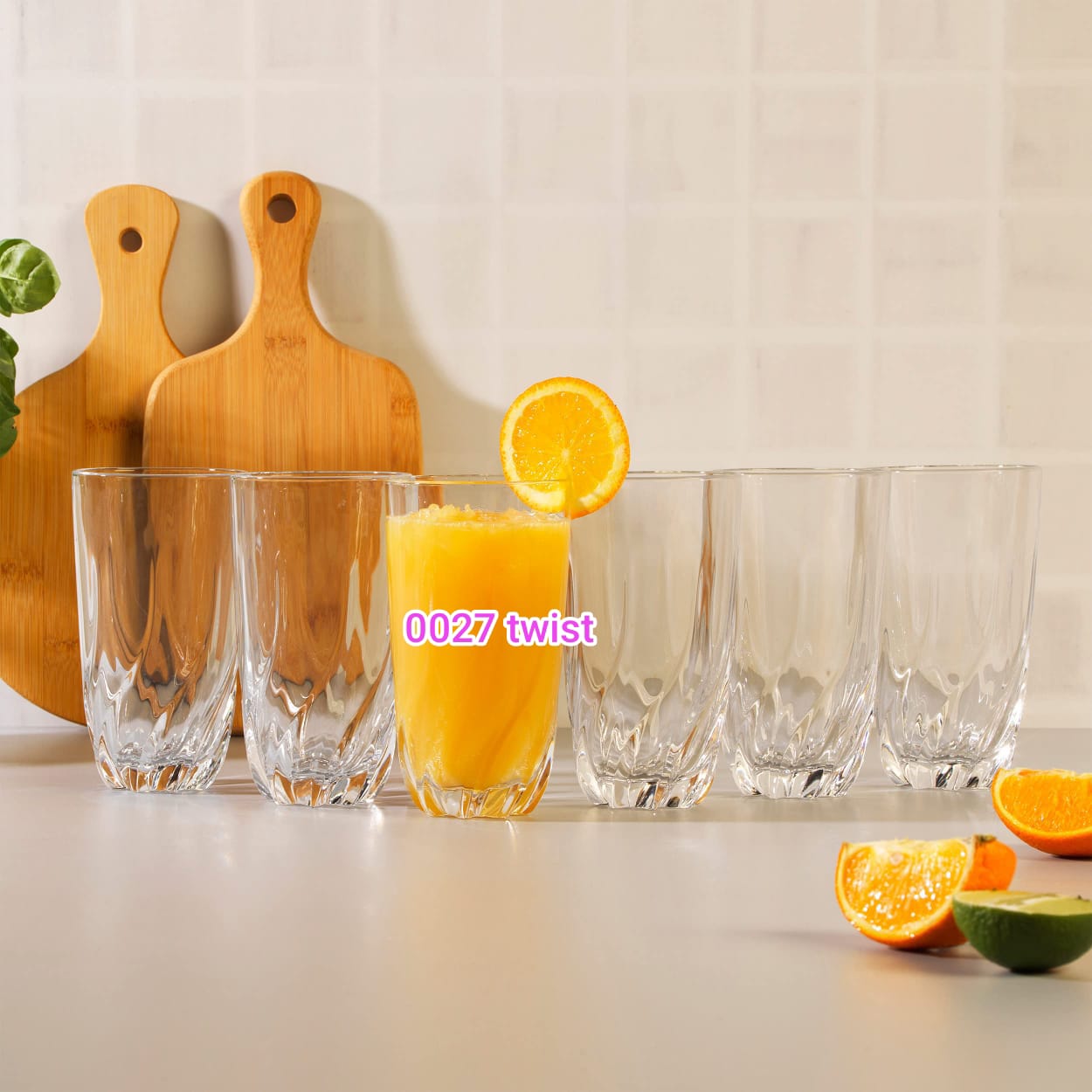 0027 Twisted glass,6pcs Designed to please the most discerning eye, these glasses live up to the name they elegantly carry. This special range of glasses will pleasantly surprise you with the hint of