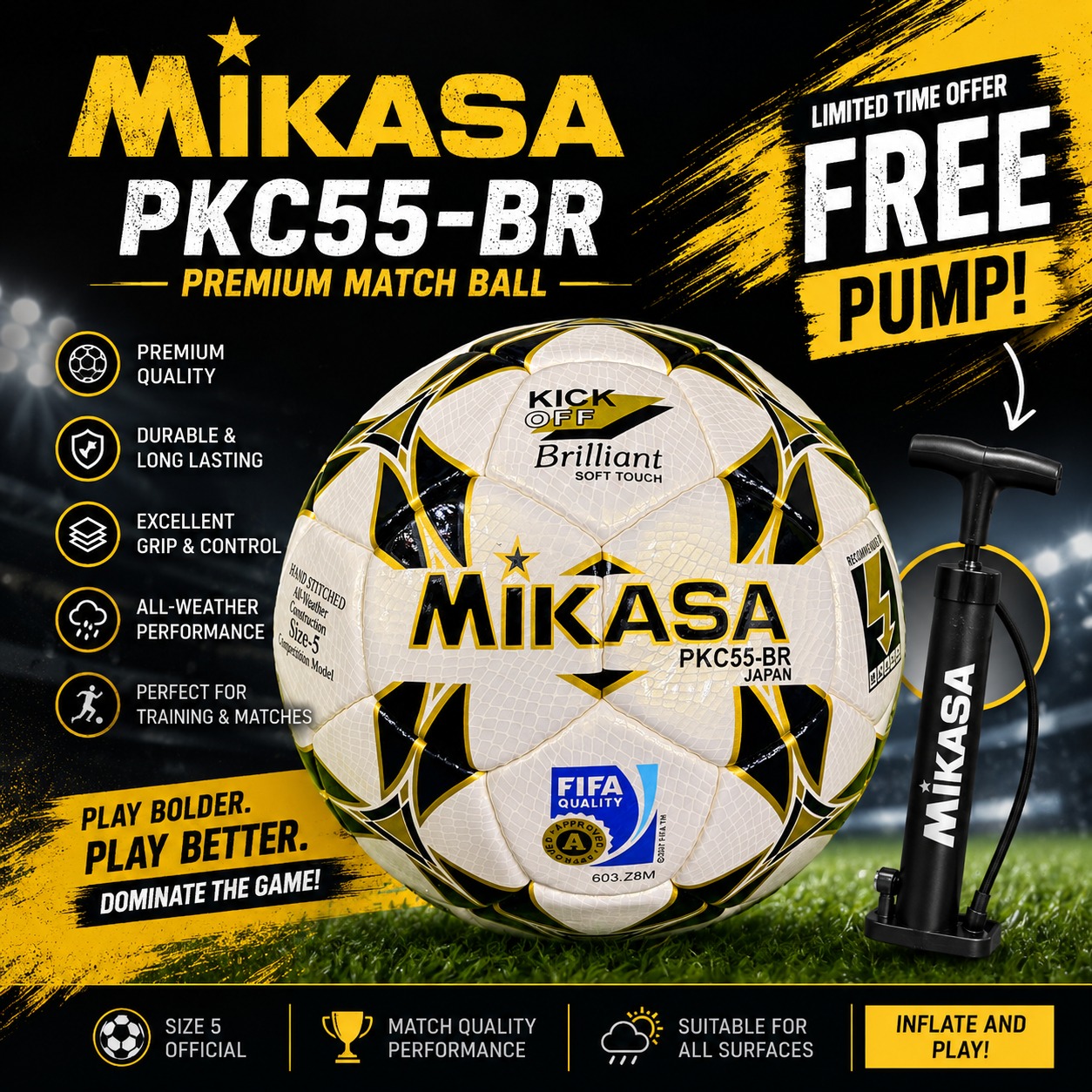 🔥 (FREE PUMP) 🔥 MIKASA PKC55-BR FIFA Quality Match Soccer Ball – Premium Size 5 Football with Soft Touch Grip & FREE Pump | Durable Hand-Stitched Training & Match Ball for Indoor & Outdoor Play