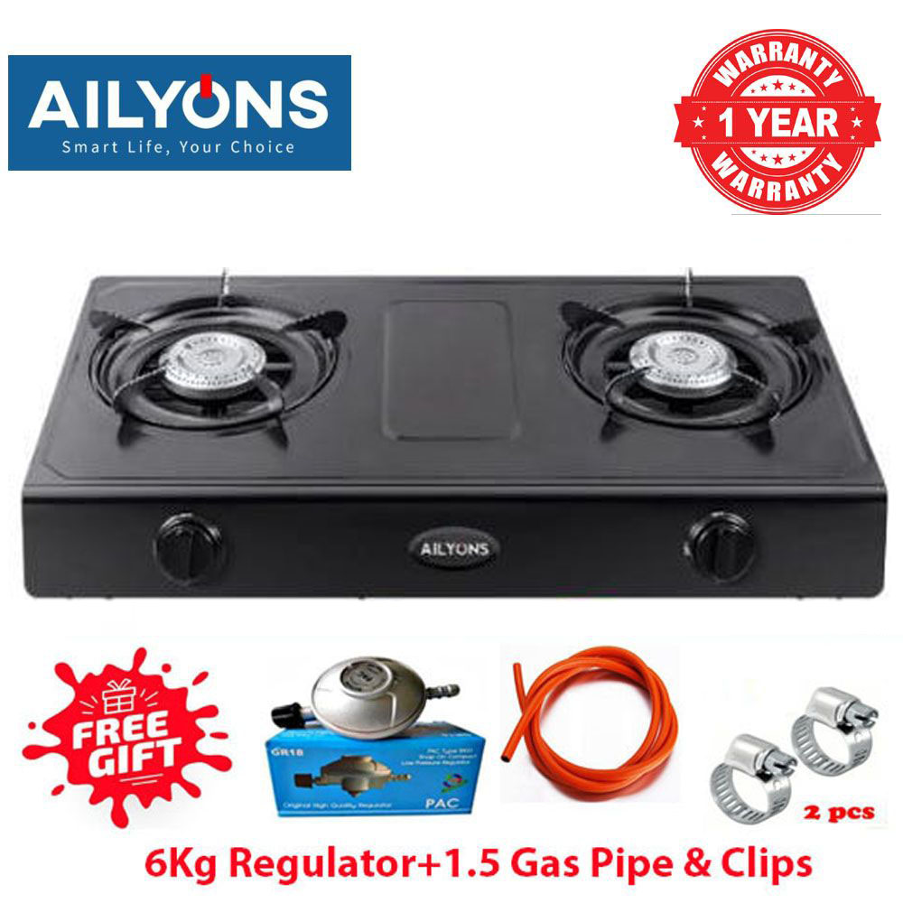 [ NEW MODEL ] AILYONS 2 Burner,Auto Ignition Black, Stainless Steel Gas Cooker