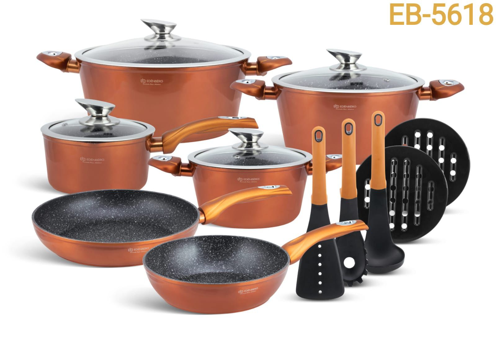 💢Induction Enabled🍂💦EDENBERG Edenburg 15pc Cookware Set🍒made of high quality pressed aluminium with a ceramic marble coating which is additionally coated with a non-stick layer. Thanks to this des