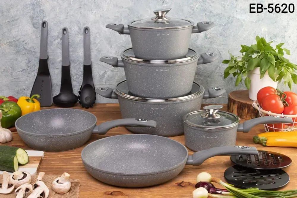 💢Induction Enabled🍂💦EDENBERG Edenburg 15pc Cookware Set🍒made of high quality pressed aluminium with a ceramic marble coating which is additionally coated with a non-stick layer. Thanks to this des