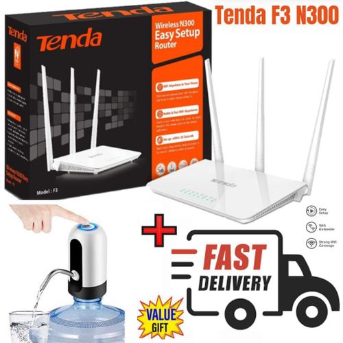 AVAILLABLE✔️✔️tenda F3 N300 300Mbps efficient Wireless WiFi Router + Free Automatic water Dispenser✨High Gain Antennas for improved Wi-Fi coverageEasy Setup interface allows quick configurationIP-base
