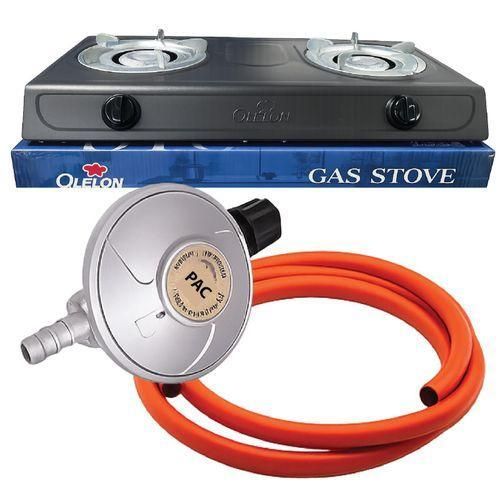 EXTRA - BONUS✨OLELON Table Top Stainless Steel 2 Burner Gas Cooker Plus 6kg Regulator,Pipe and free tightening clips🔥auto ignition feature for lighting the burner‎‎‎.‎‎‎Simply turn the burner knob to