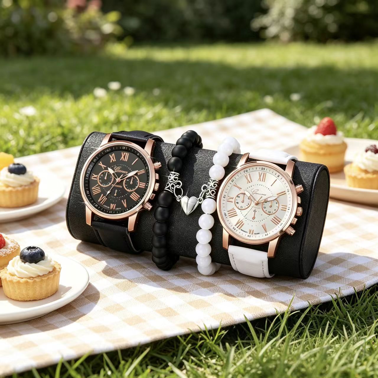 4 In 1 Couple Watch And Bracelet Set Rose Gold Roman Numeral Chronograph Quartz Watch With Leather Strap And Matching Magnetic Heart Beaded Bracelets For Anniversary Dating Daily Wear