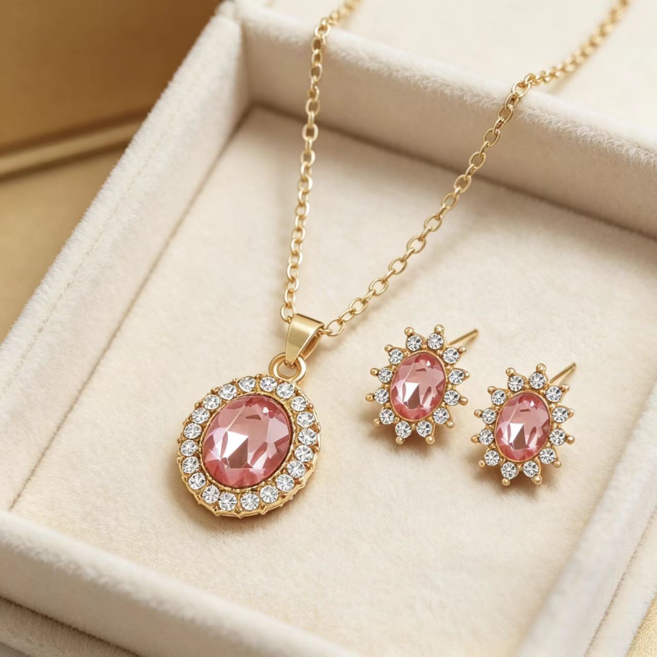 3PCS Women's  Sun Crown Pink Oval Cut Crystal Jewelry Set Gold Plated Halo Design Pink Diamond Pendant Necklace And Matching Stud Earrings For Women Bridal Wedding Party Prom And Daily Wear
