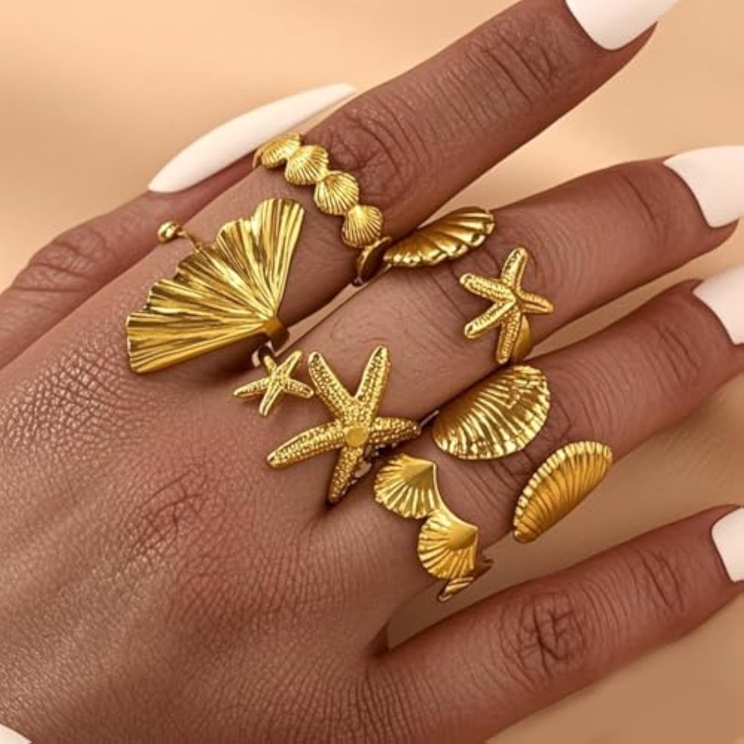 6Pcs Set Starfish Shell  Ginkgo Leaf Gold Ring Bohemian Style Adjustable Open Ring Vintage Style Fashion Women Stackable Exaggerated Jewelry Set For Daily Use Party Nightclub Beach Trip Summer Vacatio