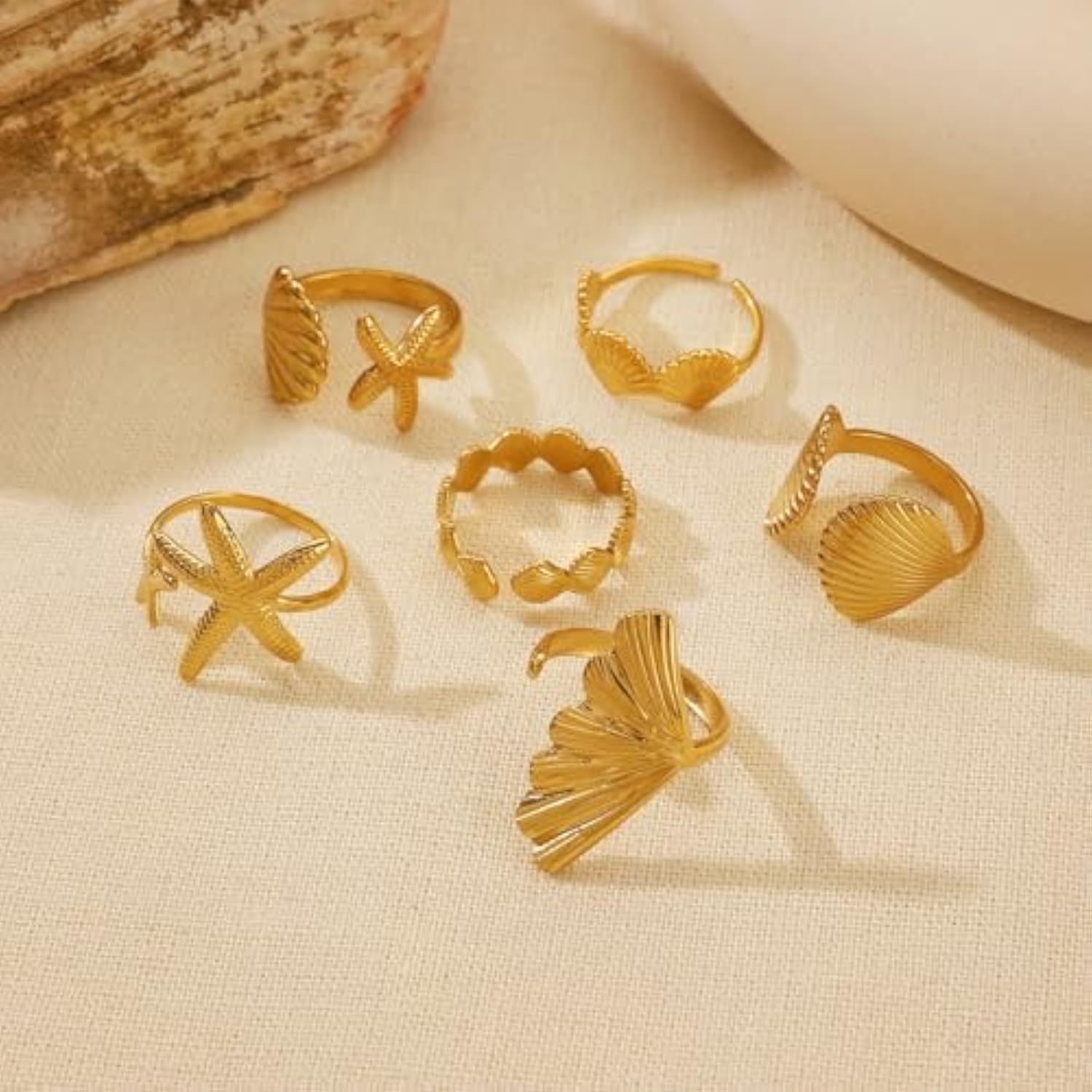 6Pcs Set Starfish Shell  Ginkgo Leaf Gold Ring Bohemian Style Adjustable Open Ring Vintage Style Fashion Women Stackable Exaggerated Jewelry Set For Daily Use Party Nightclub Beach Trip Summer Vacatio