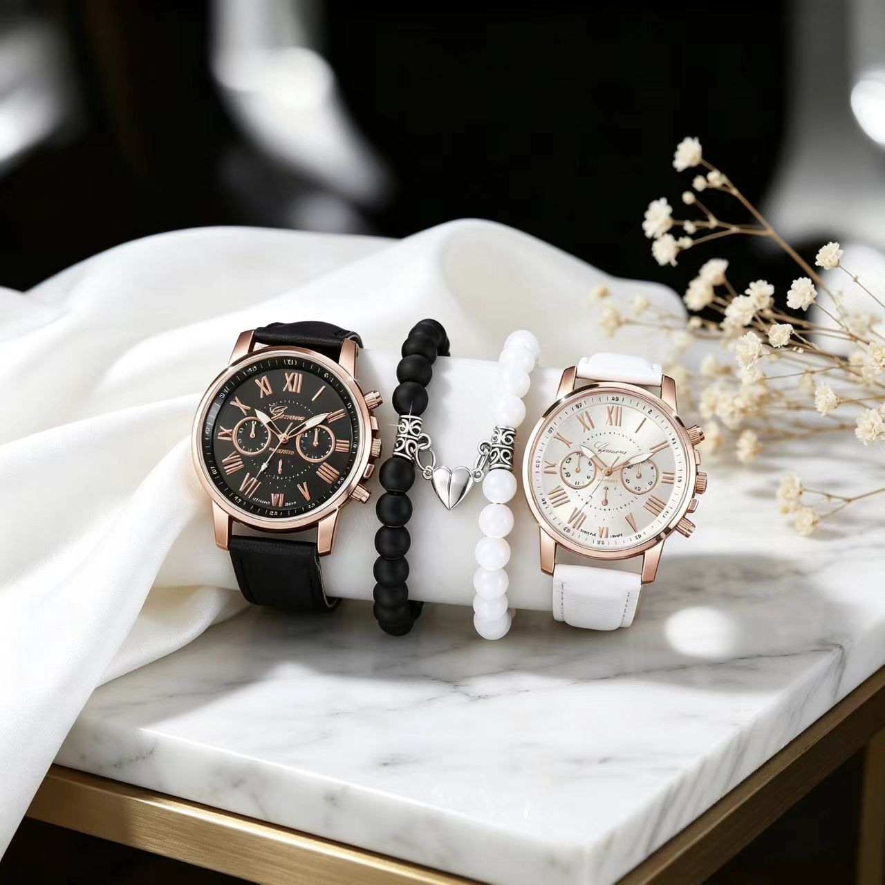 4 In 1 Couple Watch And Bracelet Set Rose Gold Roman Numeral Chronograph Quartz Watch With Leather Strap And Matching Magnetic Heart Beaded Bracelets For Anniversary Dating Daily Wear