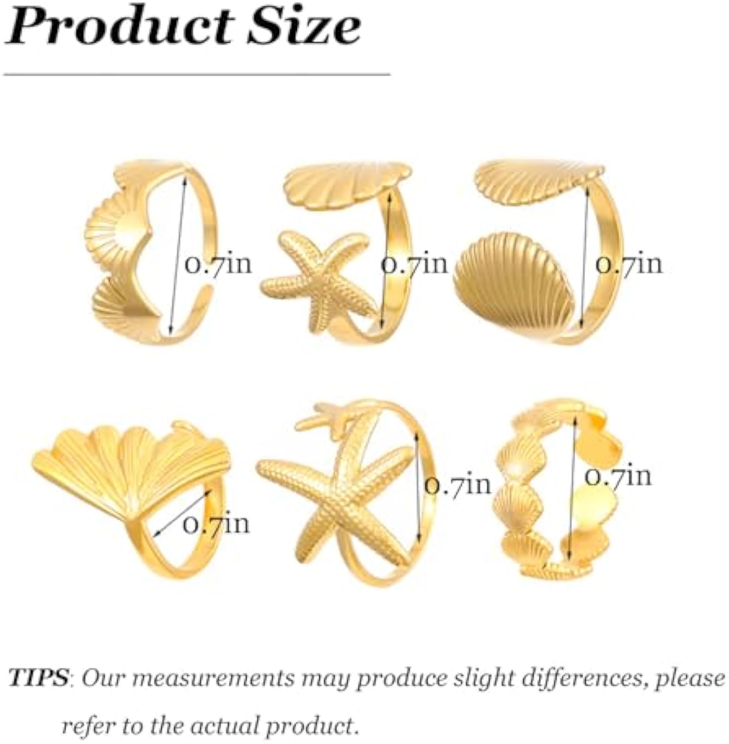 6Pcs Set Starfish Shell  Ginkgo Leaf Gold Ring Bohemian Style Adjustable Open Ring Vintage Style Fashion Women Stackable Exaggerated Jewelry Set For Daily Use Party Nightclub Beach Trip Summer Vacatio