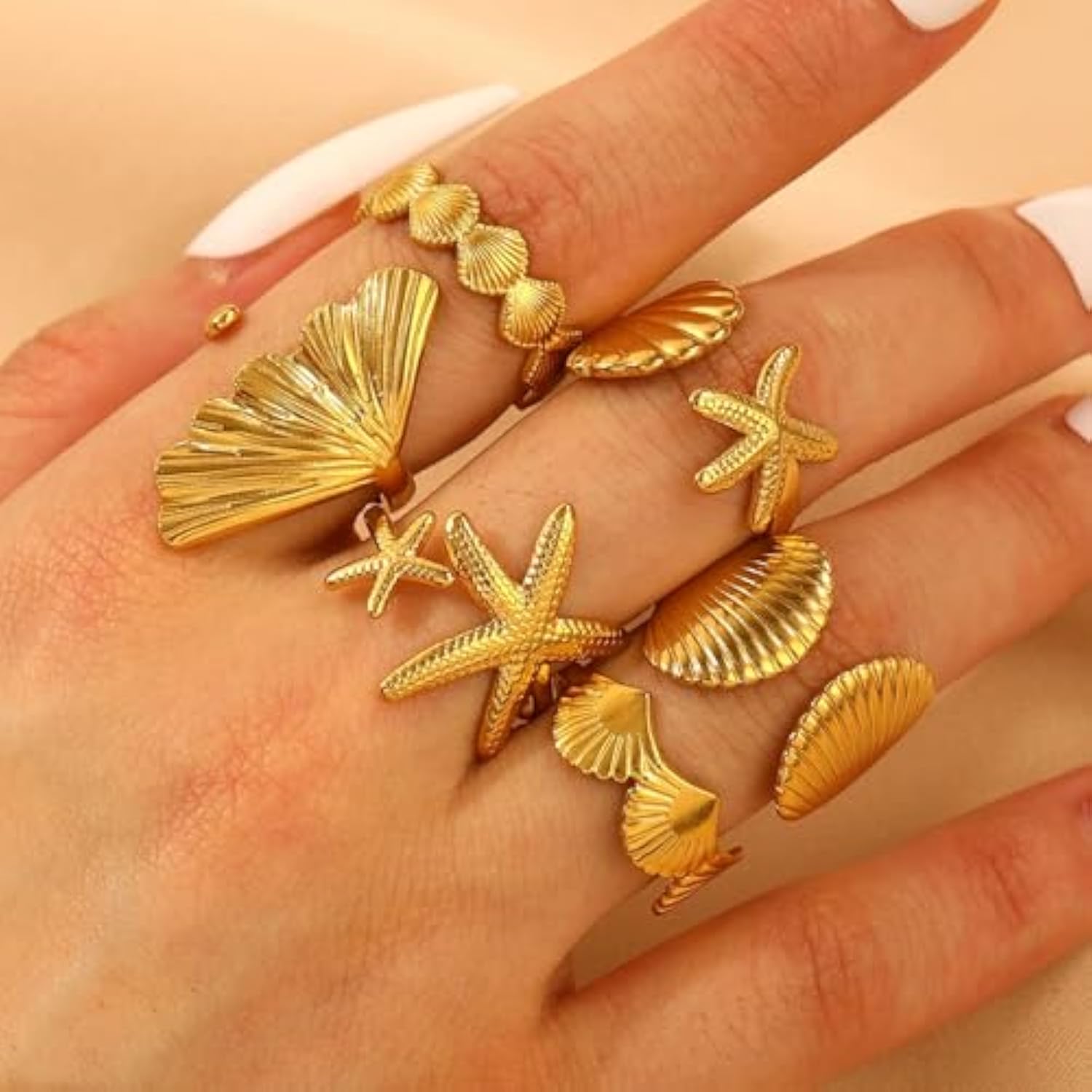 6Pcs Set Starfish Shell  Ginkgo Leaf Gold Ring Bohemian Style Adjustable Open Ring Vintage Style Fashion Women Stackable Exaggerated Jewelry Set For Daily Use Party Nightclub Beach Trip Summer Vacatio