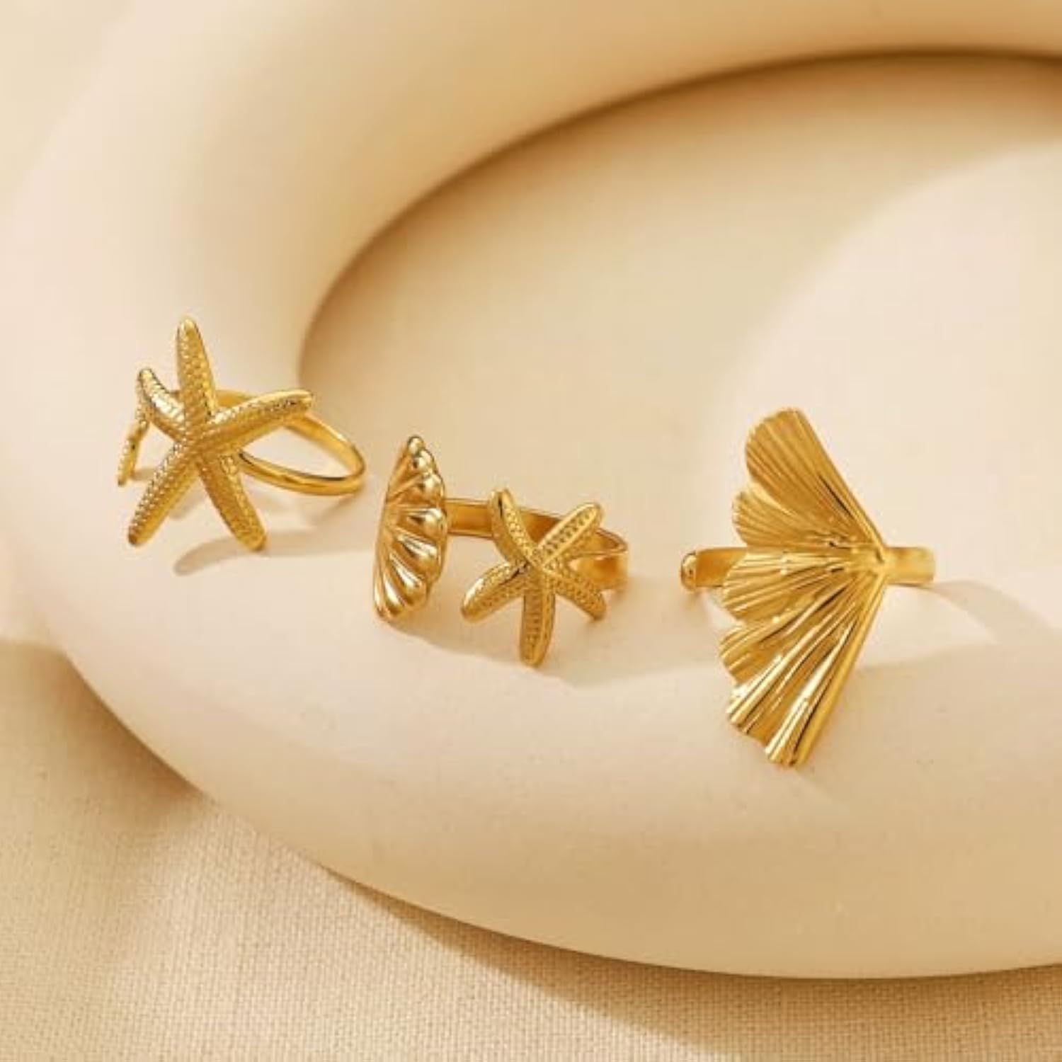 6Pcs Set Starfish Shell  Ginkgo Leaf Gold Ring Bohemian Style Adjustable Open Ring Vintage Style Fashion Women Stackable Exaggerated Jewelry Set For Daily Use Party Nightclub Beach Trip Summer Vacatio