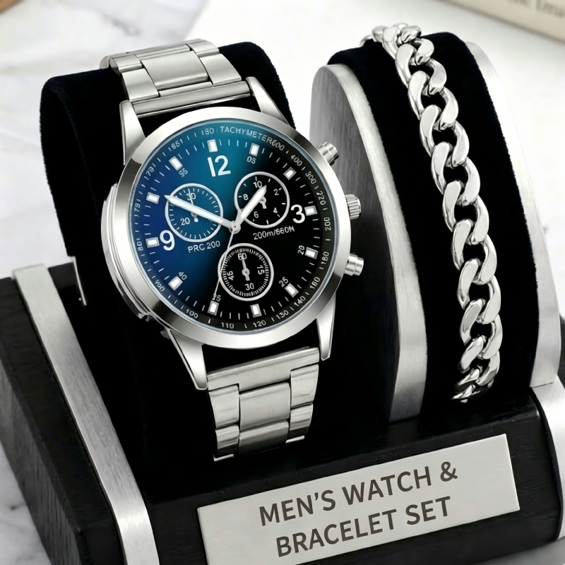 2 In 1 Men's Geneva Watch And Bracelet Set Chronograph Style Blue Dial Quartz Wristwatch With Stainless Steel Band And Matching Cuban Link Bracelet Fashion Casual Accessories Gift Set For Men