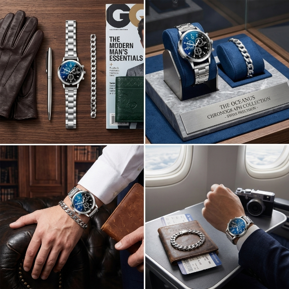 2 In 1 Men's Geneva Watch And Bracelet Set Chronograph Style Blue Dial Quartz Wristwatch With Stainless Steel Band And Matching Cuban Link Bracelet Fashion Casual Accessories Gift Set For Men