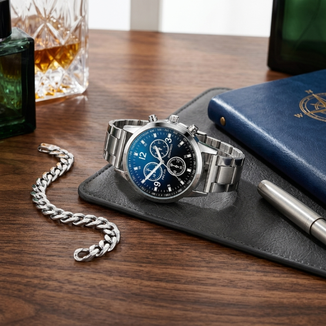 2 In 1 Men's Geneva Watch And Bracelet Set Chronograph Style Blue Dial Quartz Wristwatch With Stainless Steel Band And Matching Cuban Link Bracelet Fashion Casual Accessories Gift Set For Men
