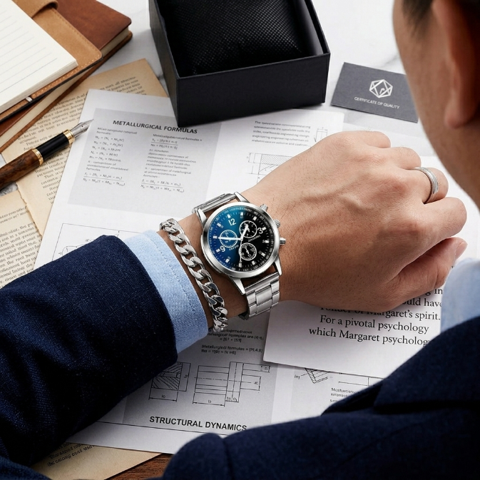 2 In 1 Men's Geneva Watch And Bracelet Set Chronograph Style Blue Dial Quartz Wristwatch With Stainless Steel Band And Matching Cuban Link Bracelet Fashion Casual Accessories Gift Set For Men