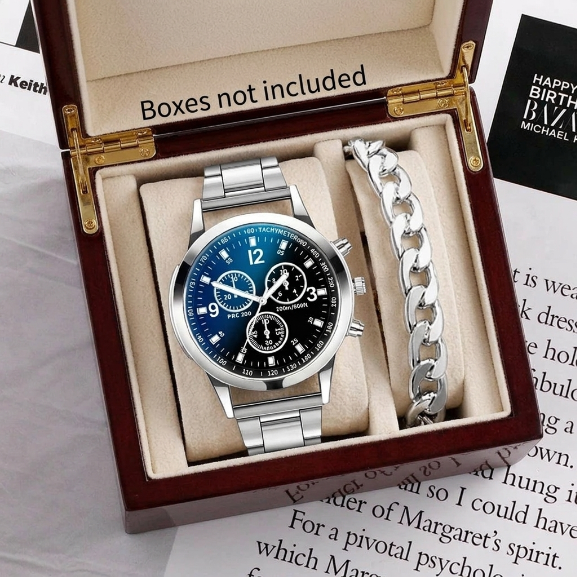 2 In 1 Men's Geneva Watch And Bracelet Set Chronograph Style Blue Dial Quartz Wristwatch With Stainless Steel Band And Matching Cuban Link Bracelet Fashion Casual Accessories Gift Set For Men