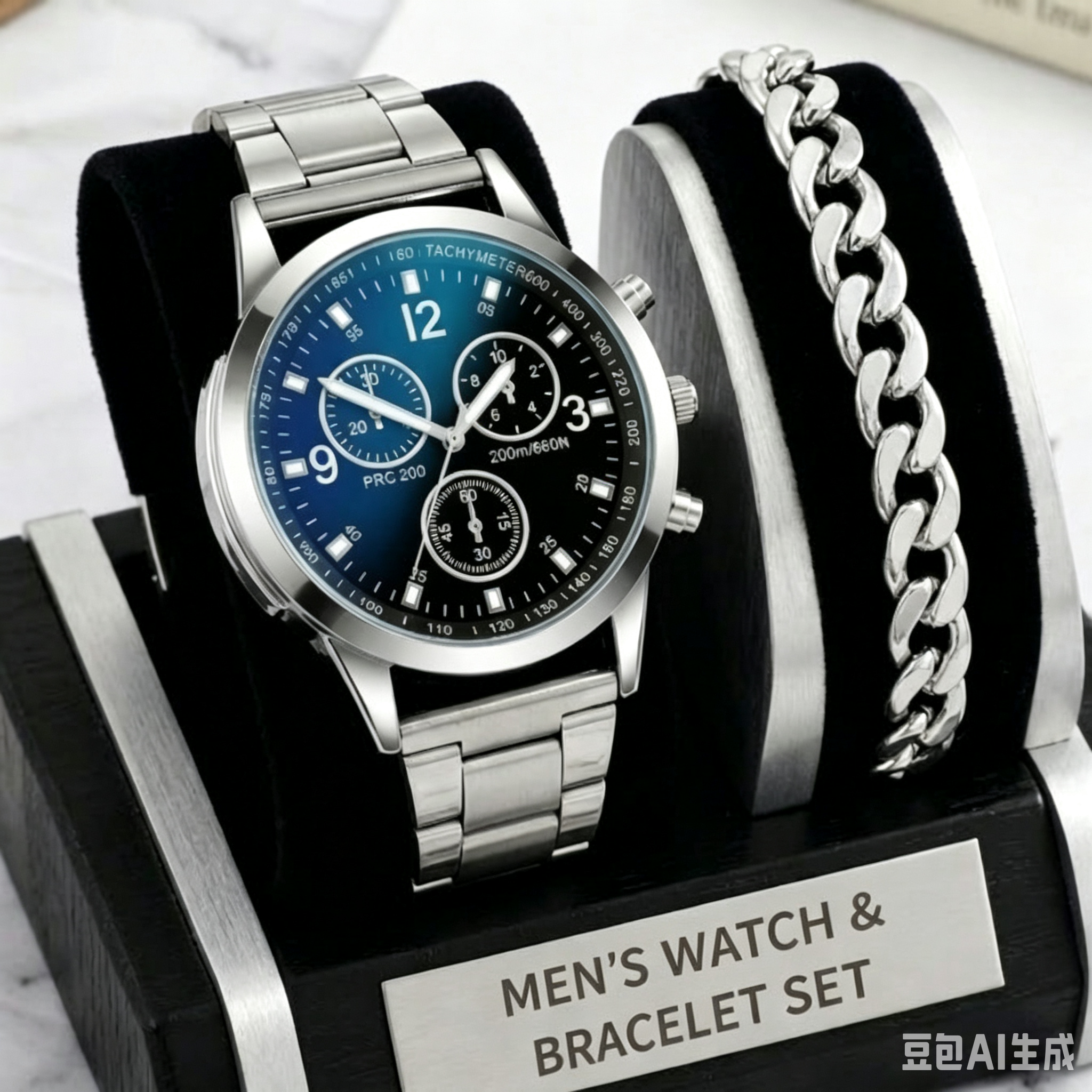 2 In 1 Men's Geneva Watch And Bracelet Set Chronograph Style Blue Dial Quartz Wristwatch With Stainless Steel Band And Matching Cuban Link Bracelet Fashion Casual Accessories Gift Set For Men