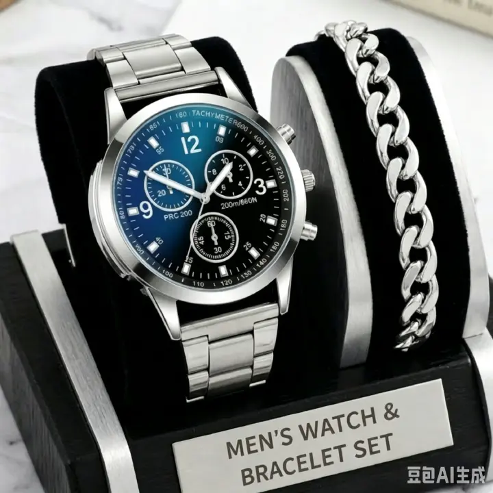 2 In 1 Men's Geneva Watch And Bracelet Set Chronograph Style Blue Dial Quartz Wristwatch With Stainless Steel Band And Matching Cuban Link Bracelet Fashion Casual Accessories Gift Set For Men
