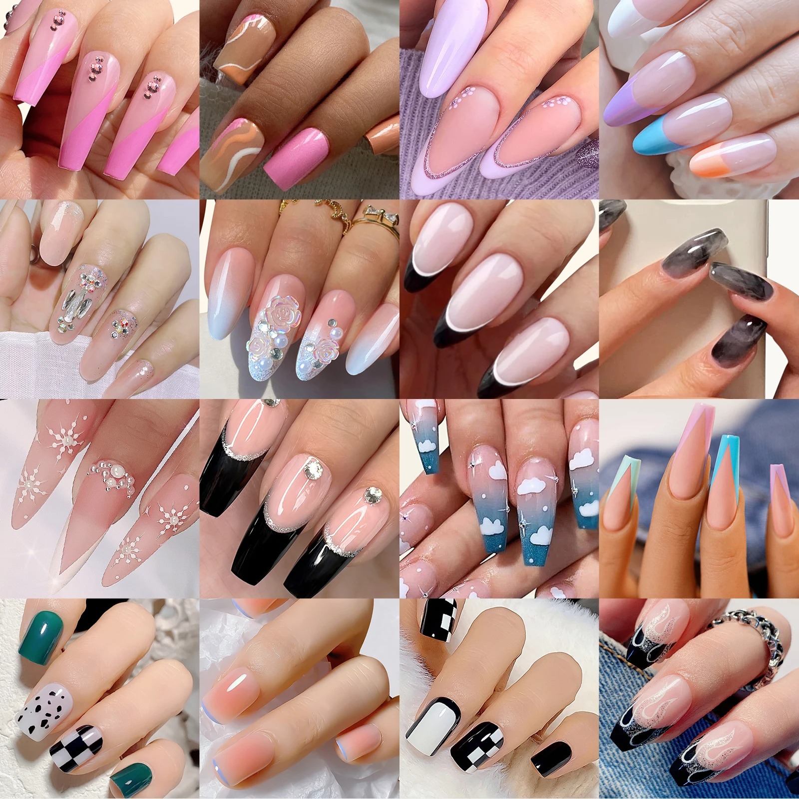 24pcs Fake Nails Reusable Stick On Nails Press on Full Cover False Nail Tips with Jelly Stickers Makeup Accessories