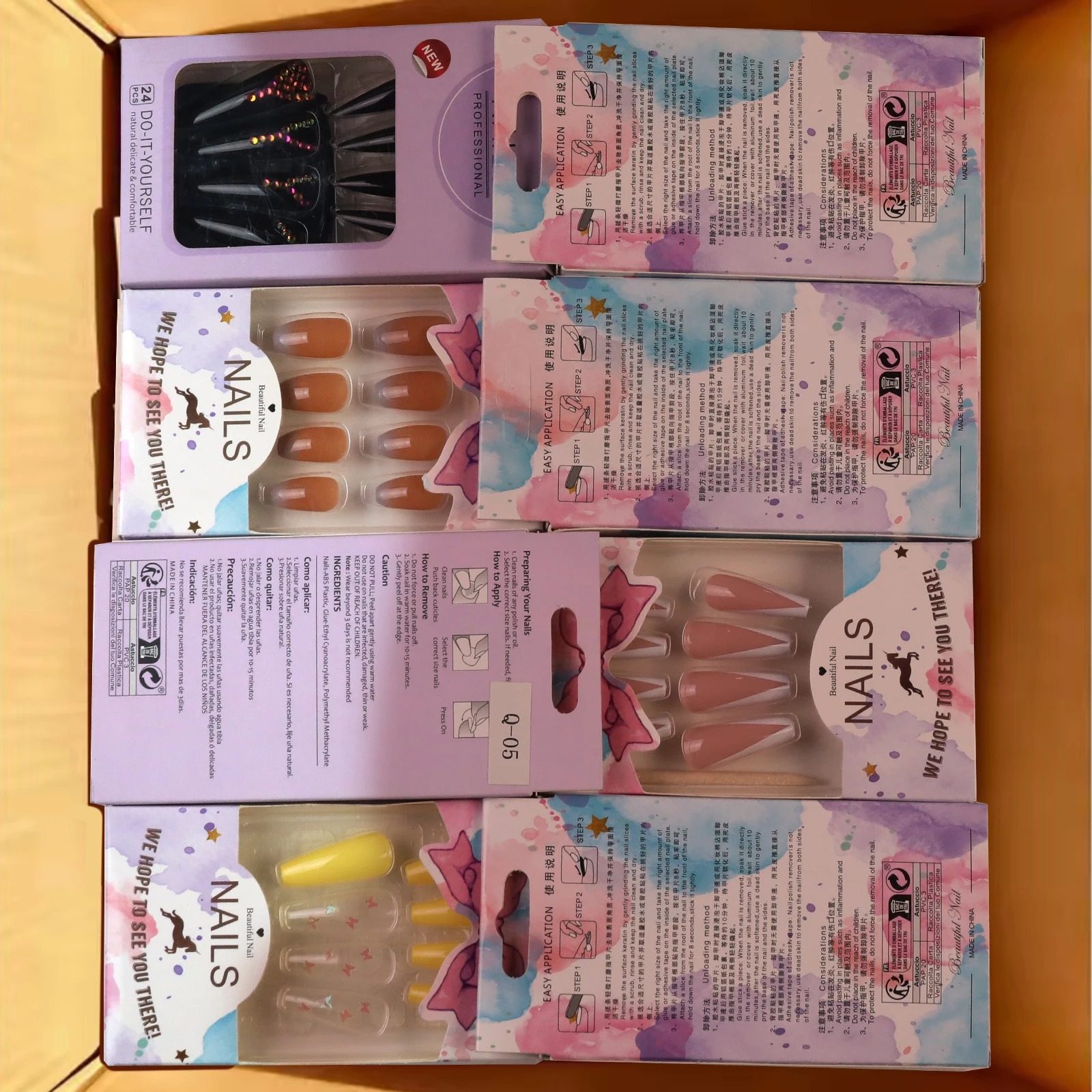 24pcs Fake Nails Reusable Stick On Nails Press on Full Cover False Nail Tips with Jelly Stickers Makeup Accessories