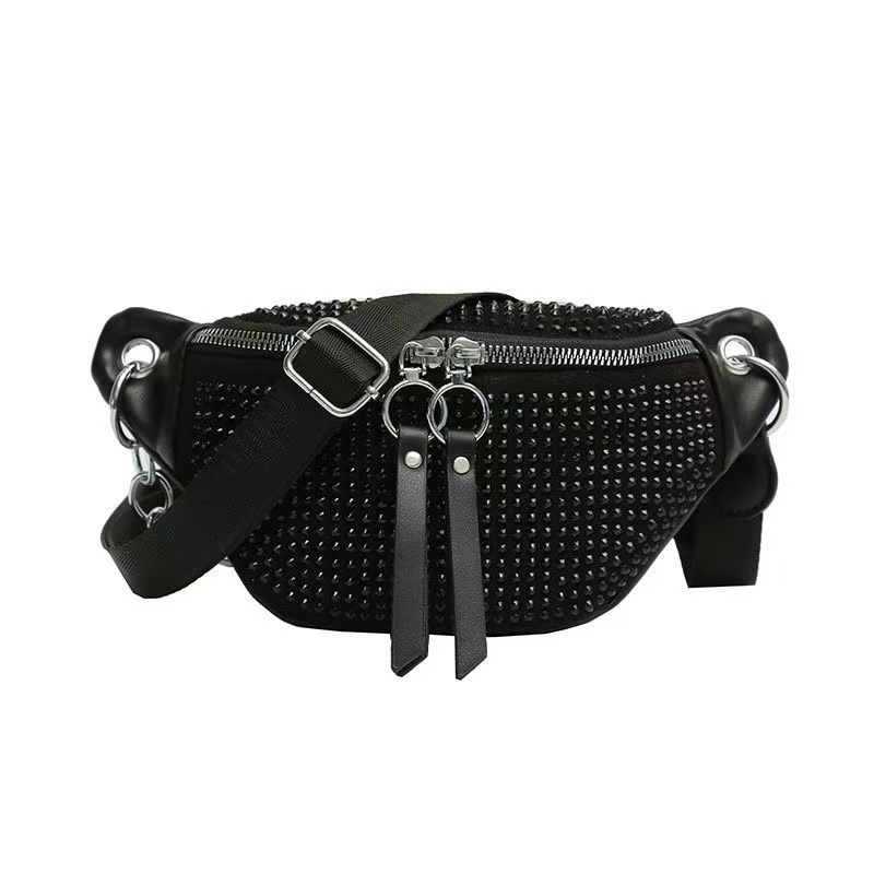 2026 New Bling Rhinestone Waist Bag, Soft Black Fabric Multi-purpose Crossbody Chest Bag, Fashion Versatile Sling Bag for Women, for Daily/Party/Travel