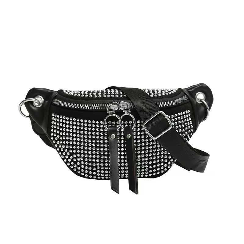 2026 New Bling Rhinestone Waist Bag, Soft Black Fabric Multi-purpose Crossbody Chest Bag, Fashion Versatile Sling Bag for Women, for Daily/Party/Travel
