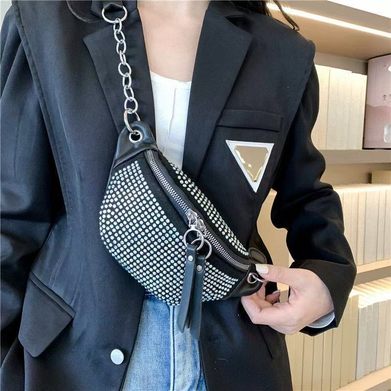 2026 New Bling Rhinestone Waist Bag, Soft Black Fabric Multi-purpose Crossbody Chest Bag, Fashion Versatile Sling Bag for Women, for Daily/Party/Travel