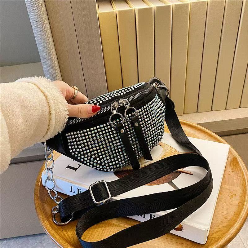2026 New Bling Rhinestone Waist Bag, Soft Black Fabric Multi-purpose Crossbody Chest Bag, Fashion Versatile Sling Bag for Women, for Daily/Party/Travel