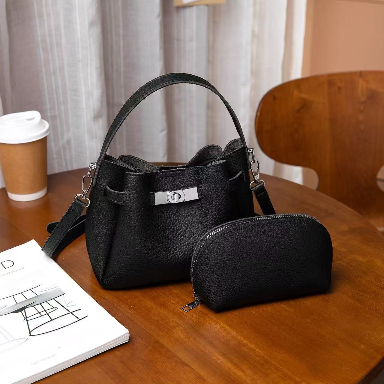 Genuine Leather Women's Bucket Bag 2026 New Style, Minimalist Kelly Bag, Commute & Versatile Tote Bag Luxury Genuine Leather Handbag, Casual Daily Tote for Work & Shopping 2-in-1 Bucket Bag Set