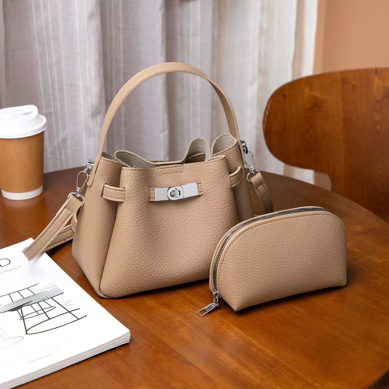 Genuine Leather Women's Bucket Bag 2026 New Style, Minimalist Kelly Bag, Commute & Versatile Tote Bag Luxury Genuine Leather Handbag, Casual Daily Tote for Work & Shopping 2-in-1 Bucket Bag Set